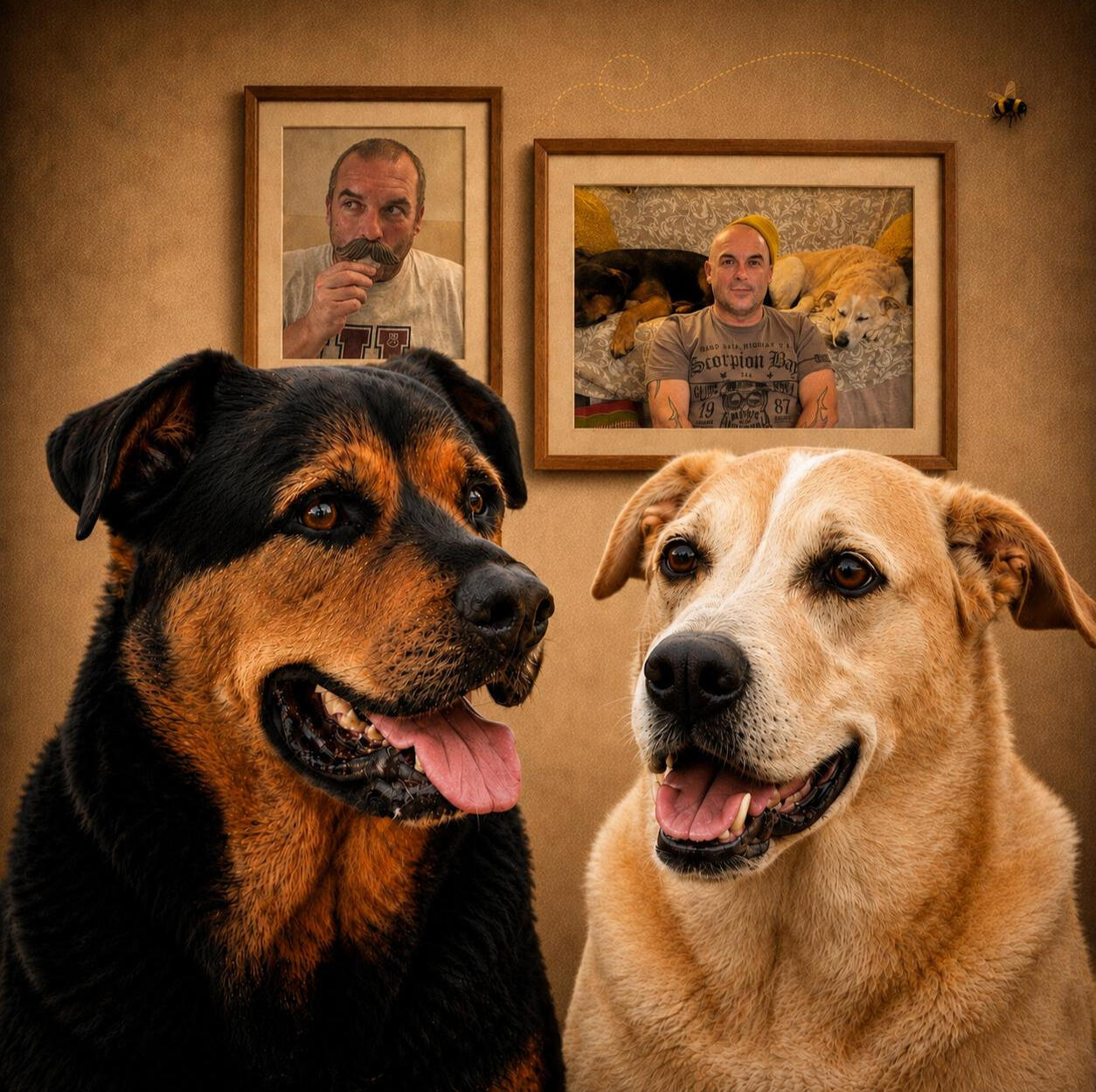 Winston Sasha Sean Author Sean S. Licciardi peeking out from picture frames with his inspiration dogs Winston and Sasha.